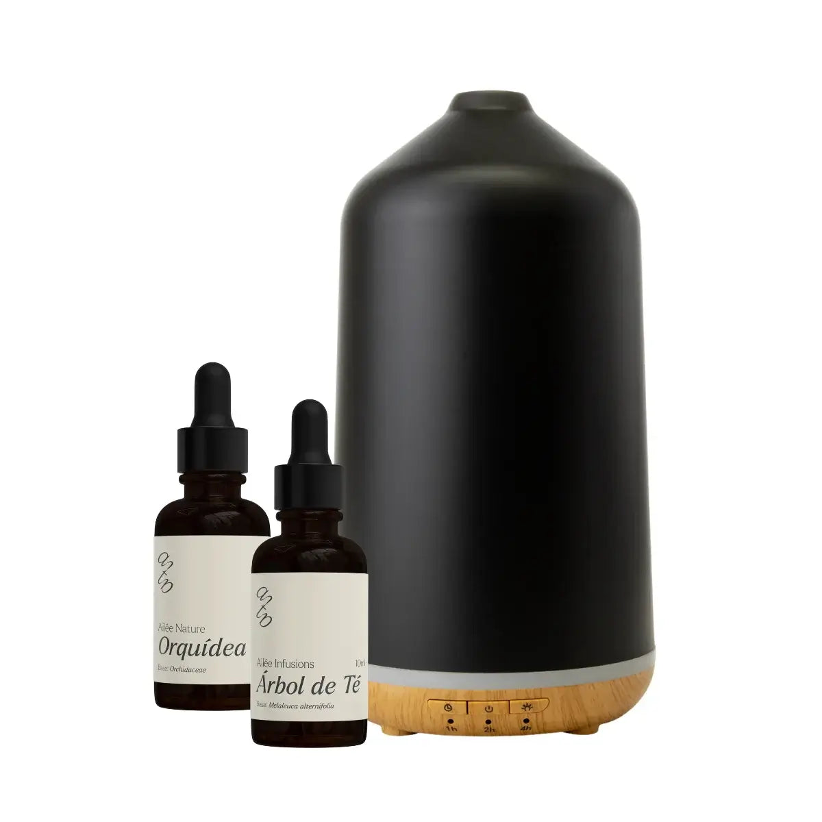 Difusor ultrasónico Sens con aceites esenciales de Orquídea y Árbol de Té para relajación y armonía.