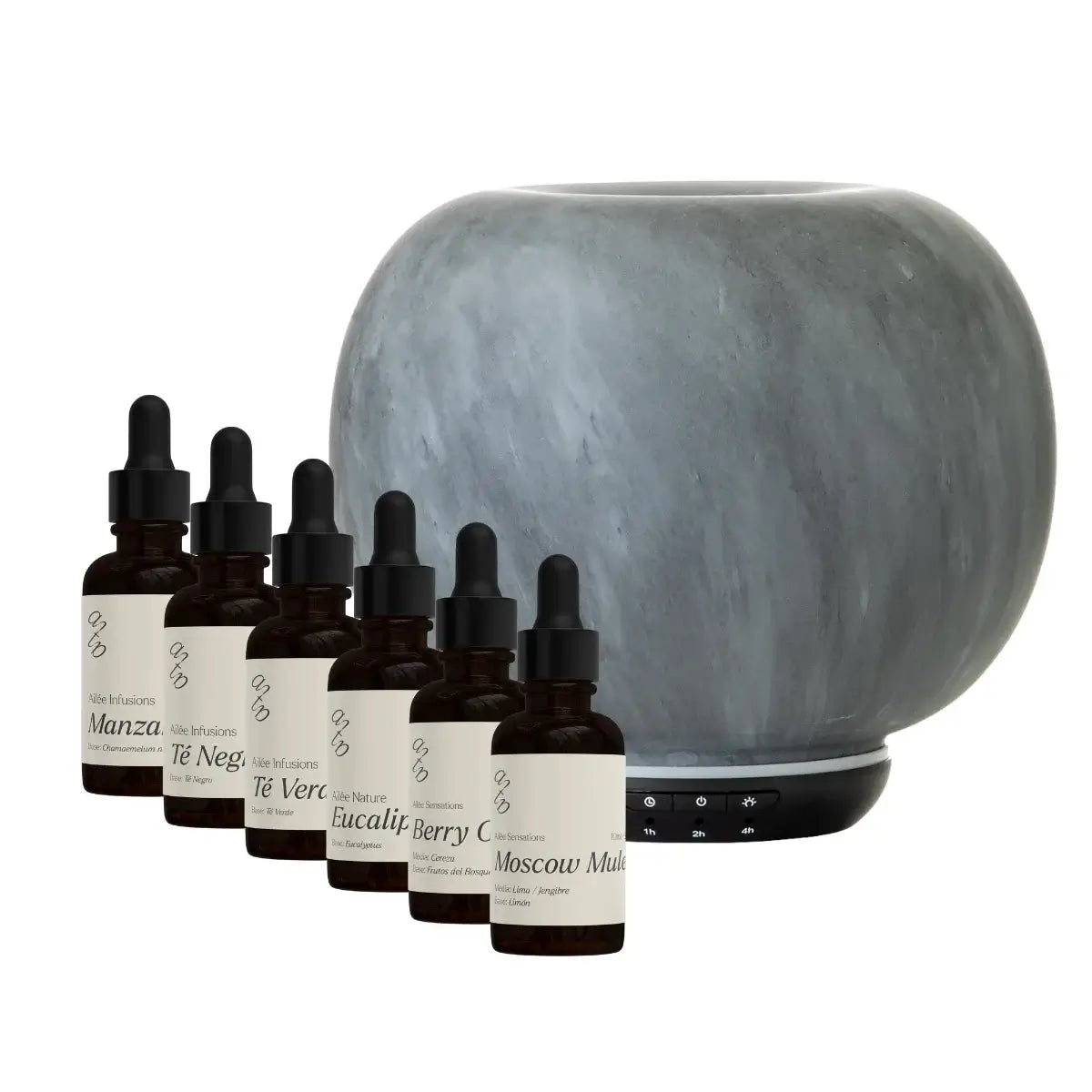 Difusor ultrasónico Bloom y 6 aceites aromáticos en diseño esférico moderno, ideal para ambientes armoniosos.