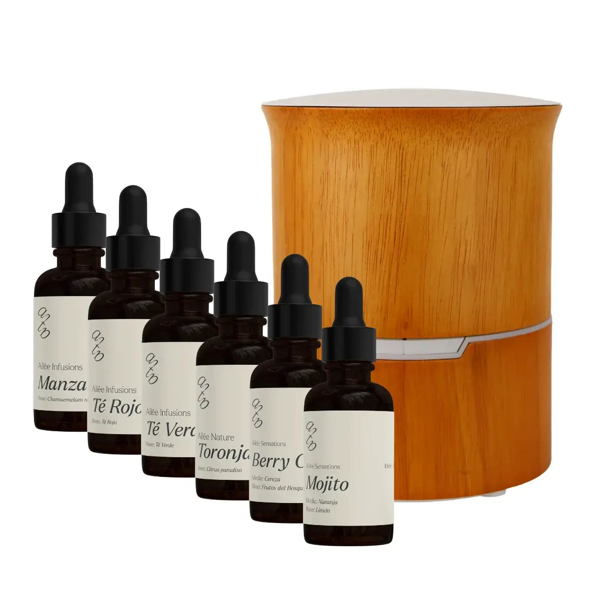 Difusor Ginko con cinco aceites esenciales: Manza, Té Rojo, Té Verde, Toronja Berry y Mojito.