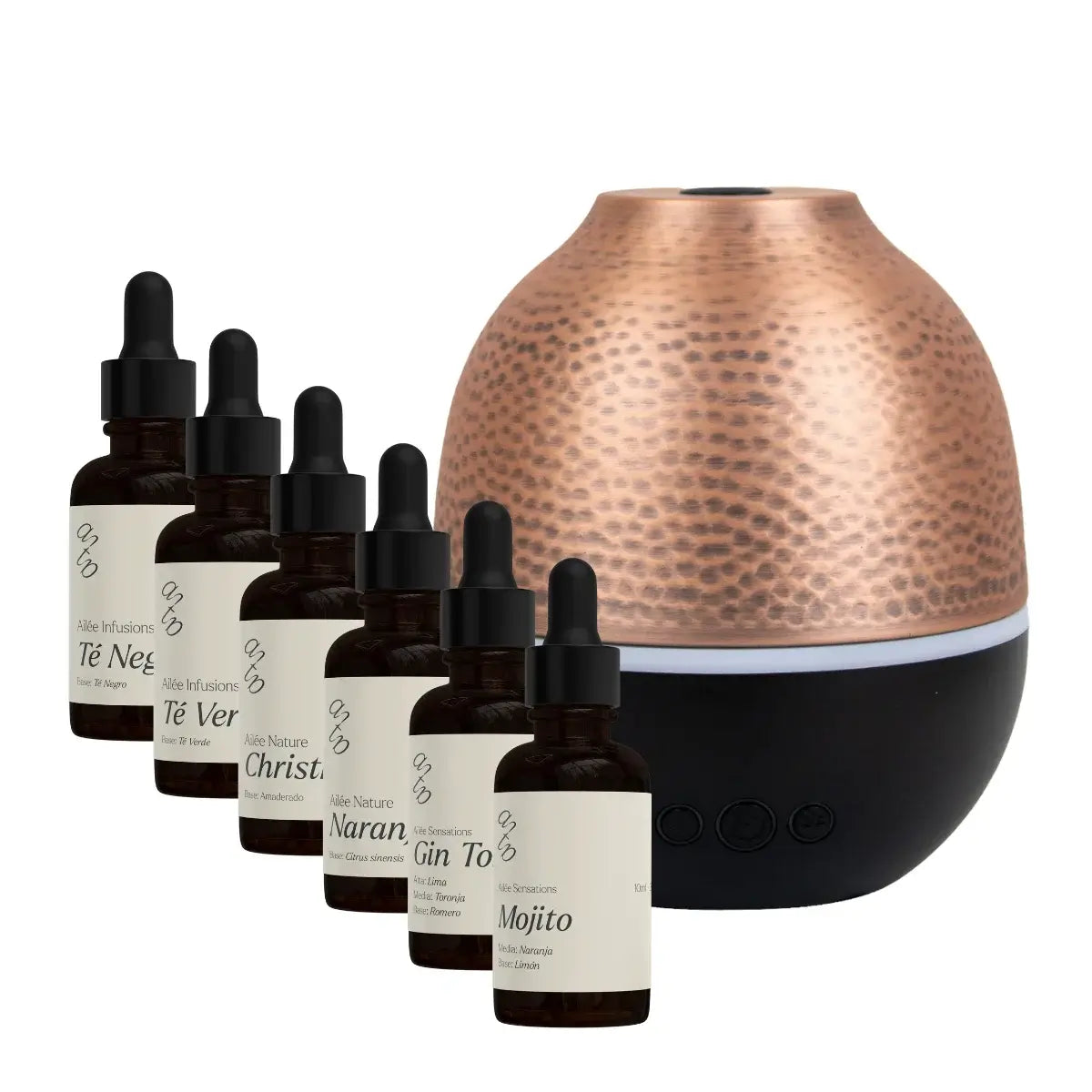 Difusor Hanna con 6 aceites esenciales en botellas, ideal para aromaterapia y decoración de interiores.