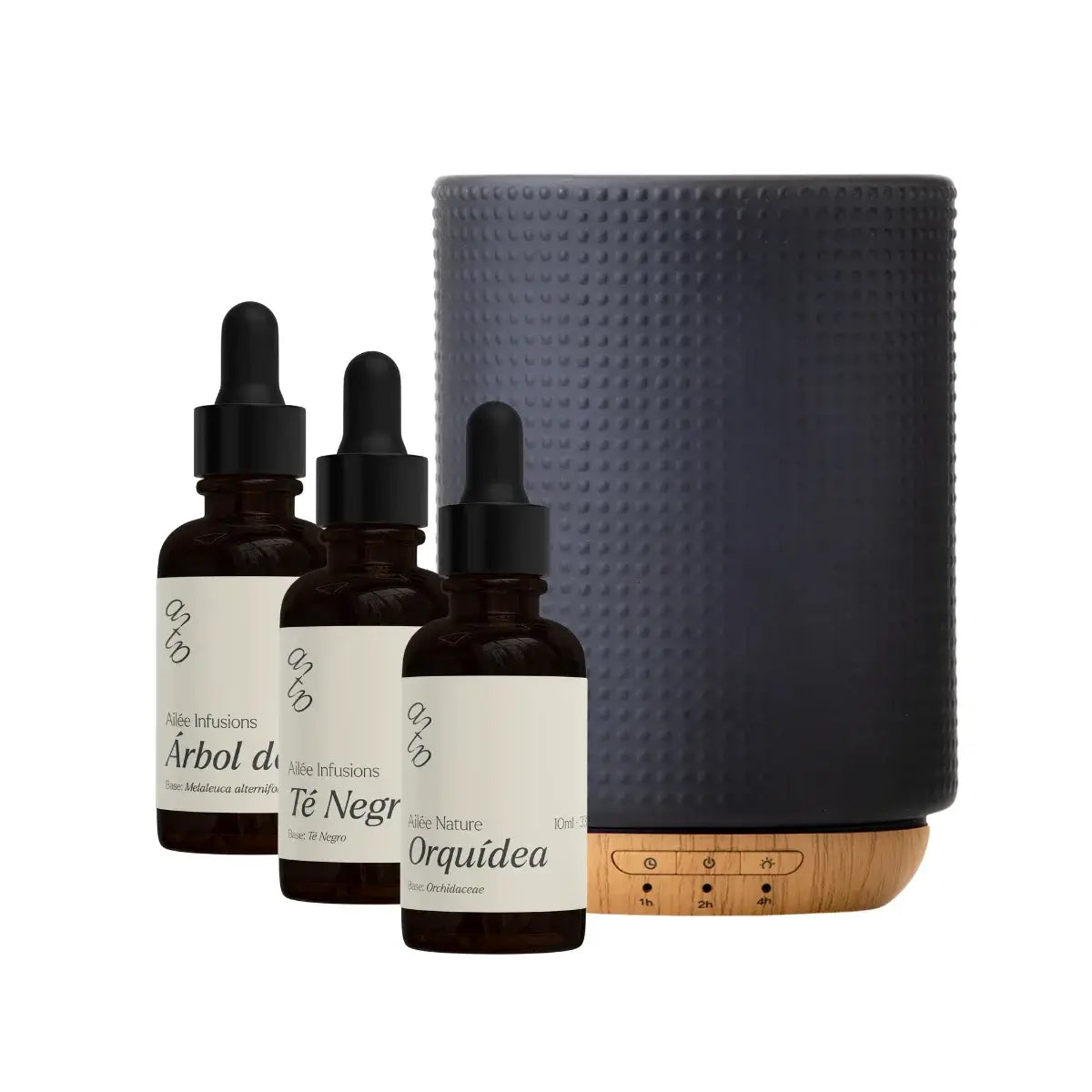 Difusor Macore con 3 aceites: Árbol de Té, Té Negro, y Orquídea, diseño moderno y funcional.